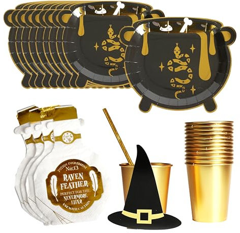 Halloween Party Pack - 30pc Set - 10x Black Cauldron Paper Plates, 10x Potion Bottle Napkins, 10x DIY Gold Witch Hat Party Cups - Halloween Party Tableware Pack