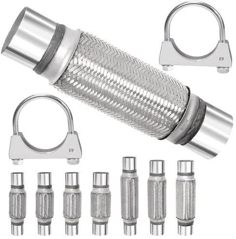 Swpeet 3Pcs 2.5 x 7.9 Inches Exhaust Flex Pipe with 2.5 Inches Exhaust U Clamp Kit, Universal Type Stainless Steel Double Braid Zinc Pipes Exhaust Flex Tube Ideal for Heavy Duty and Cars