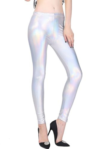 Onsoyours Damen Shiny Metallic Leggings Kunstleder Stretch Leggings Hoch Taille Sexy Leggings Hosen Tanzhosen Party Disco Clubwear