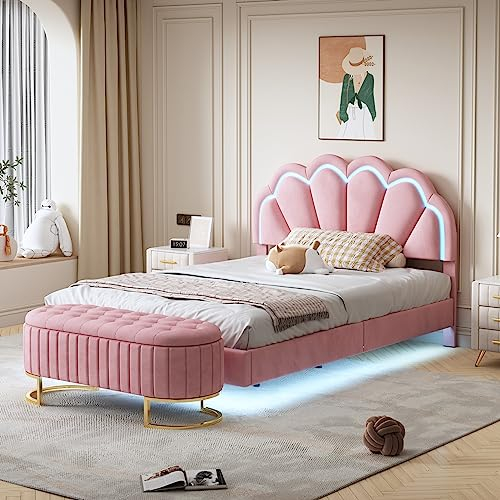 Polsterbett Kinderbett 90 x 200 cm, Bettgestell mit Kopfteil in Blumenform und Lattenrost, Teenie-Mädchenbett in hautfreundlichem Samtstoff, Gästebett (Farbe: Bohnenrot) (Rosa 140 x 200 cm - Sofabank)