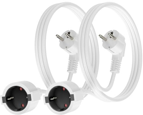 Verlängerungskabel, 2 Pack 2 Meter Verlängerungskabel Schuko IP20,10A/250V 2500W mit Schuko Stecker & Kupplung, Haushalt für Büro Multimedia, Weiß