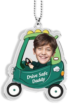 Personalisierte Schlüsselanhänger mit Foto Name - Fahr Vorsichtig Papa - Geschenk für Papa Vatertag Weihnachten Geburtstag von Sohn Tochter - Auto Ornament Hanging (A-Grün)