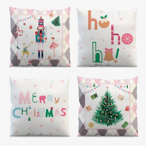AIBIIN Weihnachtskissenbezüge, 45 x 45 cm, 4 Stück, Frohe Weihnachten, Nussknacker, Weihnachtsbaum, Überwurf-Kissenbezüge, rosa Kissenbezüge für Ferienhaus, Wohnzimmer, Sofa