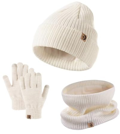 MARUKO Wintermütze Mütze Schal Handschuhe Set für Kinder, Mädchen Jungen Halswärmer Touchscreen Fäustlinge Weiches Fleece Futter Elastisch Sport Outdoor Geschenke für Kinder (Beige)