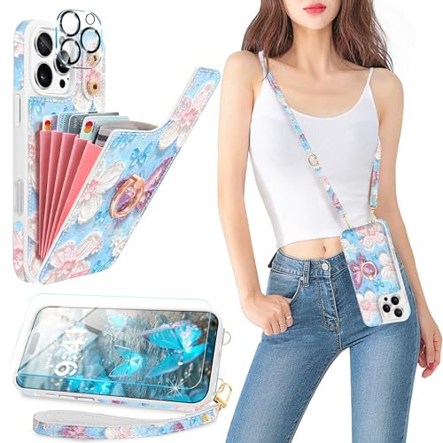 Casewind Crossbody-Schutzhülle für iPhone 16 Pro Max mit Kartenhalter, süßes 3D-Ölgemälde, Blumen- und Schmetterlings-Hülle, Displayschutzfolie und Kameralinsenschutz, Ringständer und Umhängeband,