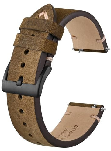 BISONSTRAP Distressed Leder Uhrenarmband, Uhren Armband für Herren, Schnellverschluss Federstege, 20mm, Dunkelbraun (Schwarze Schnalle)