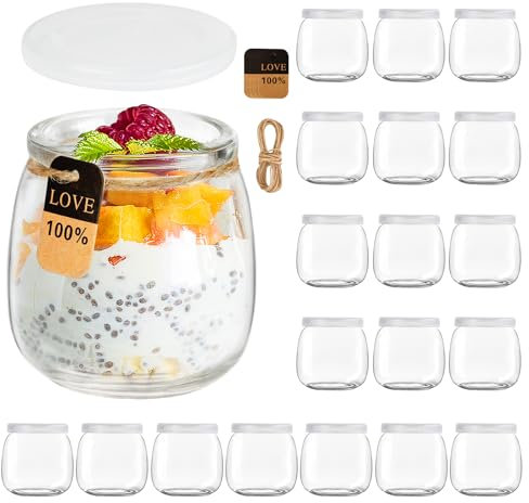 KIMIGO Tarros de Yogur Transparentes con Tapa de 200 ml (Pack de 20) - Tarros de yogur con tapa, para pudding-yogur, tarros de cristal para conservas de tulipanes, mermeladas, jaleas, miel, postres
