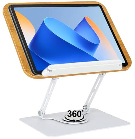 Soporte para libros de 30 x 24 cm para leer, base giratoria 360°, plegable y portátil, soporte para libros de cocina con clip lateral, soporte para libros de madera, para oficinas, cocinas, libros de