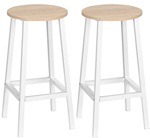 HOMCOM Lot de 2 tabourets de Bar, chaises de Bar, tabourets de Cuisine Hauts 65H cm avec Repose-Pieds, Structure en Acier, Blanc et Naturel