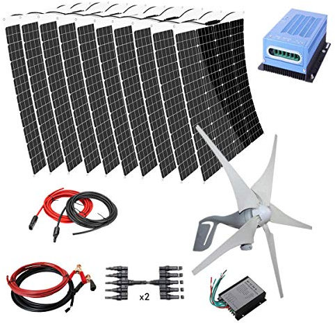 MESOVFCA Kit generatore di turbina eolica Solare 24V 1600W: turbina eolica da 400 Watt + 10 Pannelli solari monocristallini Flessibili da 120 W per la Ricarica della Batteria Fuori Rete 12V/24V