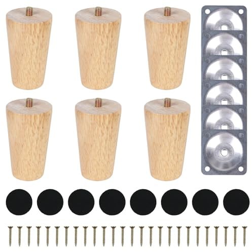 COEWUR 6 Stück Möbelfüße Holz 8cm Möbelbeine Rund Möbelfüsse mit Montageplatten Schrauben Filzgleiter Konische Schrankfüße aus Massivholz Beine für Möbel Sofa Schrank Bett Couch Sessel