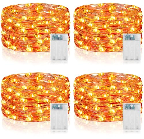 Vacoulery Lichterketten Batterie Timer, 5M 50 LED Micro Drahtlichterkette IP65 Wasserdichte Kupferdraht Lichterkette für Zimmer Party Garten Weihnachten Halloween Hochzeit Deko DIY (4 Stück, Orange)