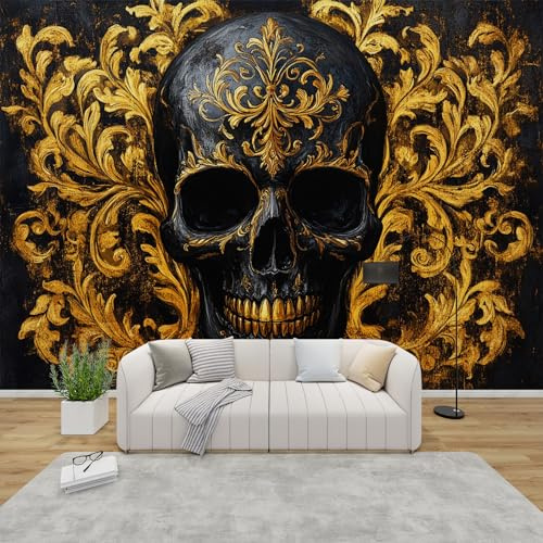 PaxGloz Fototapete Totenkopf Tapete Barock Schädel Schwarz Gold Tapeten Vliestapete Modern Wandtapete Wohnzimmer Schlafzimmer Kinderzimmer Wanddeko Motivtapeten 416 x 254 cm (B x H)