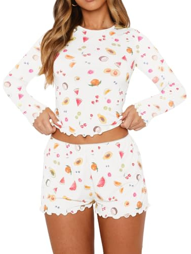 BONITEE Womens Pyjamas Sets 2025 Fall Casual Lounge Tops Shorts 2 Piece Set Trendy PJs Outfits Cute Clothes White-Fruits,XL