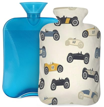 Mexpekil Vintage Race Cars Print Hot Water Bottle with Cover, 2L PVC Hot Water Bag for Pain Relief, Feet, Back, Warmth
