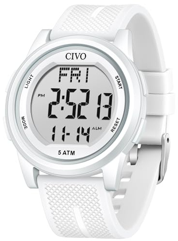 CIVO Montre Femme Digitale Sport: Etanche 50m Affichage LED Chrono Alarme Blanc Bracelet Silicone pour Outdoor et Loisirs