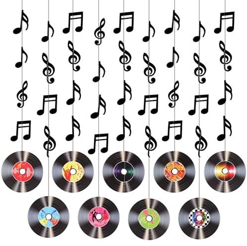 TIESOME 9 Stück Schallplatten Deko mit Musiknoten,Rock and Roll Musik Party Dekorationen Retro Schallplatten Girlande Papier Banner zum Hängen für 50er und 60er Jahre Party Dekos(Schwarz)
