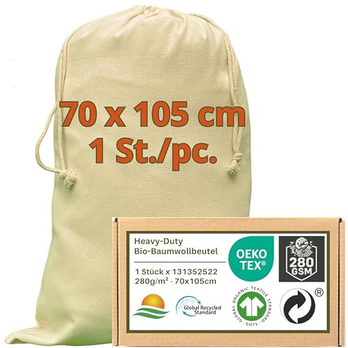 WIESEN.design Aufbewahrungsbeutel - 280 g/m² OEKO-TEX® zertifizierte Heavy-Duty Baumwolle für langlebige, professionelle Anwendungen, 70x105 cm - 1 St. Wäschebeutel Schmutzwäsche, Wäschesack Reisen