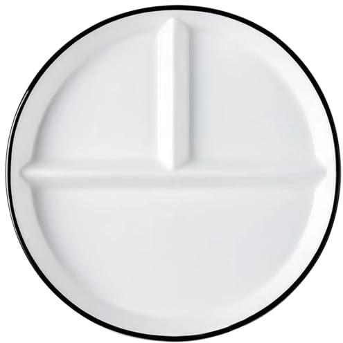 Sewroro Porcelain Divided Plates, 3 Compartment Round White Ceramic Sectioned Plates with Black Edge for Home Kicthen Use, Dishwasher Safe, 7. 86 Inch