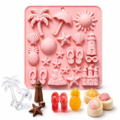 Beach Silicone Mold, Summer 22-Cavity Ice Cube Tray with Sun, Palm Tree, Sand Castle & Flip Flop Shapes, Non-Stick Baking Mold for Chocolate, Candy, Ice Cubes, Soap