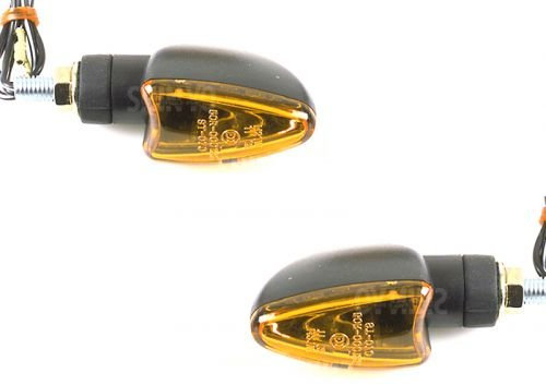 Streetparts24 SHIN YO Mini Blinker Set ARROW Schwarz E-geprüft - 12V 21W BAY9S, M10 Gewindebolzen, 44mm x 71mm, Kunststoffgehäuse, Gelbes Glas, 1 Paar