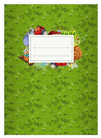 8 Fröhliche Insekten Grundschüler DIN A4 Schulhefte, Schreibhefte mit Marienkäfer, Raupen und co in grün Lineatur 20 (blanko Heft)