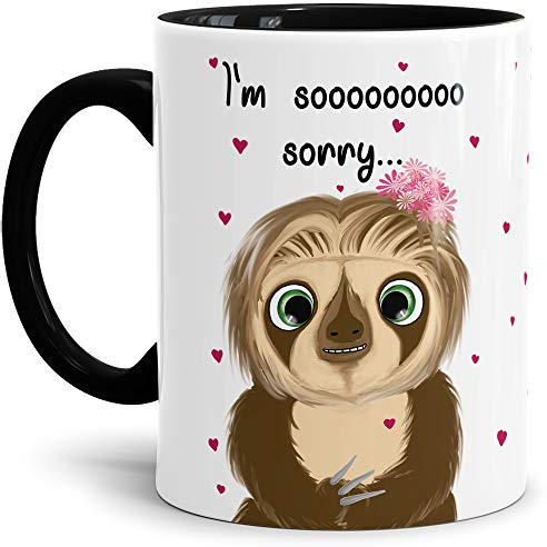 Faultier-Tasse mit Spruch I am so sorry - Geschenk-Idee/Lustig/Ruhig/Witzig/Innen & Henkel Schwarz