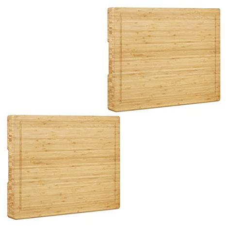 Relaxdays 2x Carving Board, Solid Bamboo, Cutting, Handles, Juice Groove, Knife-Friendly, HWD: 5.5 x 45 x 35 cm, Natural