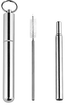 FRYH Telescopic Reusable Straws, Folding Metal Straw With Case In Stainless Steel, Drinking Straws With Cleaning Brush And Carabiner,A