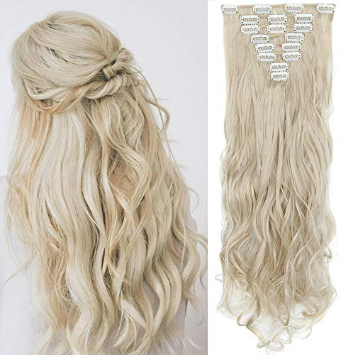 SEGO Clip in Extensions Haarverlängerung Haarteil 8 Tressen wie Echthaar gewellt Aschblond & Bleichblond 24(61cm)