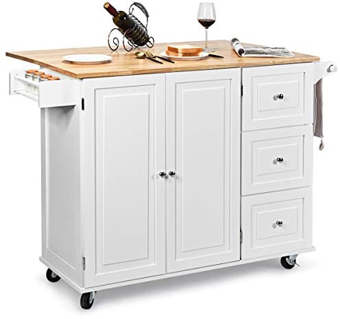 COSTWAY Kitchen Storage Trolley, Rolling Island Cabinet with Extendable Tabletop and Adjustable Shelves, Home Kitchen Dining Organiser Sideboard Cupboard Cart, 136 X 76 X 91cm (White)