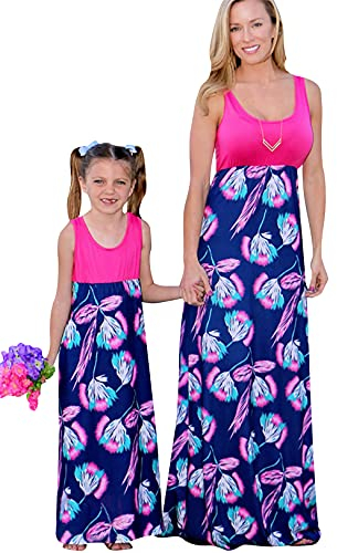 OMZIN Mutter und Tochter Kleider Set Ärmellose Rundhals A-Linie Kleid Maxilangkleid Sommer Kleider Mutter und Tochter Blumenkleider Löwenzahn M