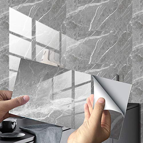 Küchenrückwand Fliesenaufkleber, Hiser Rechteck 3D Marmor Muster Mosaik Wasserdicht Ölfest Stickerfliesen Deko Selbstklebende für Küche Badezimmer Wohnzimmer, 30x15cm (16Stück,grau)