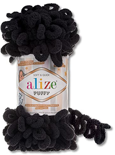 Alize 100 g Puffy Wolle in 62 Auswahl Schlaufenwolle Stricken und Häkeln ohne Hilfsmittel (60 | Schwarz)