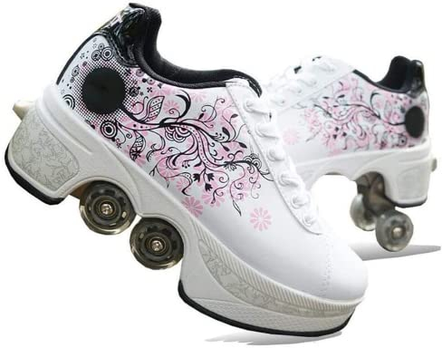 LDRFSE Roulette Skaten, Sneakers Roller Skateboardschuhe Mit Rädern Sport Gymnastik Mode Mehrzweck-Kick Roller Shoe Für Jungen Und Mädchen, Rosa Blume Weiß, 36 EU