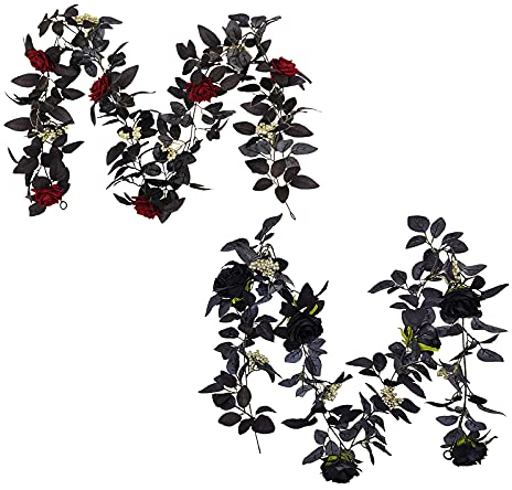 Fofetbfo 2 Stück 180 cm Halloween Rose Girlande, Künstliche Rot/Schwarze Rose Girlande mit schwarzen Blättern und goldenen Beeren, Faux Rose Vine Hanging Flower Girlande für Thanksgiving Dekor
