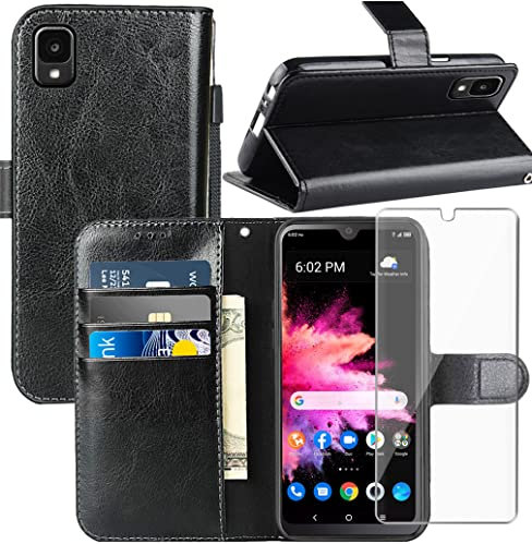 for TCL 30Z Case,with Screen Protector,PU Leather Wrist Strap Card Slots Shockproof Protective Flip Cover Wallet Case Phone Case for Alcatel TCL 30Z 30 Z 4G LTE T602DL, Black