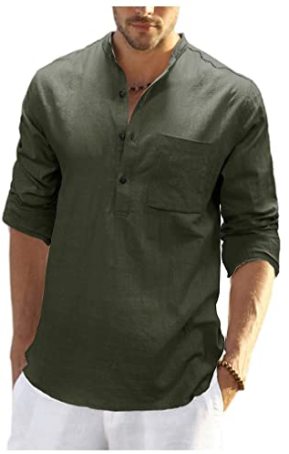 Henley Hemd Herren Slim Fit Knopfleiste Langarm Shirt Herren Leicht Atmungsaktiv Mit Taschen Leinenhemd Herren Einfachheit All-Match Einfarbig Shirt Herren D-Grey Green XXL