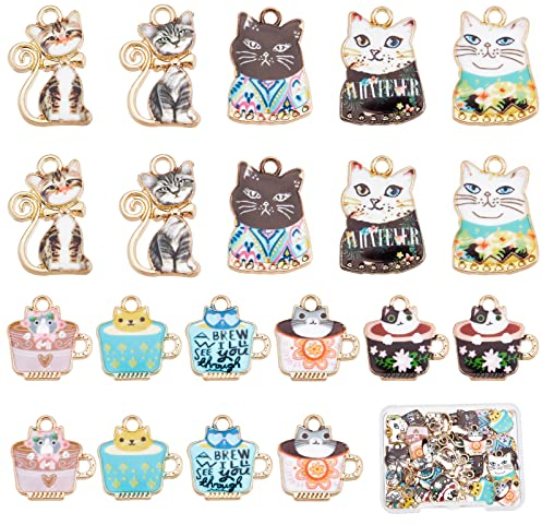 SUNNYCLUE 1 Box 40Pcs 10 Styles Cat Enamel Charms Coffee Cup Charm Bulk Alloy Kitten Charm Cute Pets Tea Cups Charm for Jewellery Making Charms DIY Necklace Earrings Keychain Bracelet Craft Supply