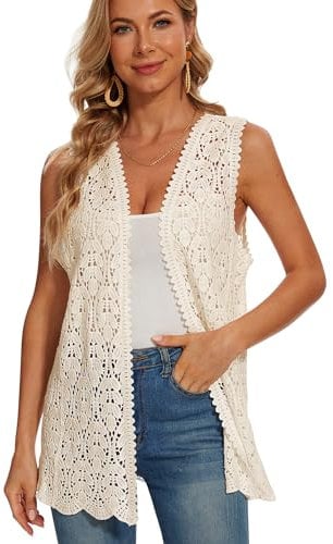 SMDPPWDBB Damen Boho Cardigan, Blumenmuster, gehäkelt, Spitze, ärmellos, vorne offen, V-11beige, Einheitsgröße