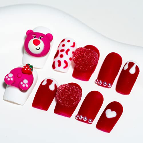 Sun&Beam Nails Handmade Press-on Short Square Pink White Cartoon 3D Bear Design Fashion False Nail Tips 10 Pcs Set (#032 S)