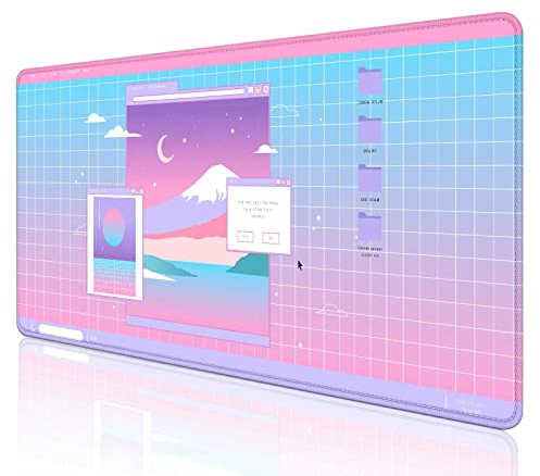 SXCKANG Tappetino per mouse Kawaii rosa retrò Vaporwave giapponese Mount Fuji Moon Night Desk Mat, Cute Anime Grid Large Gaming Mouse Pad XL, regalo per ragazze gamer, tappetino per mouse completo da