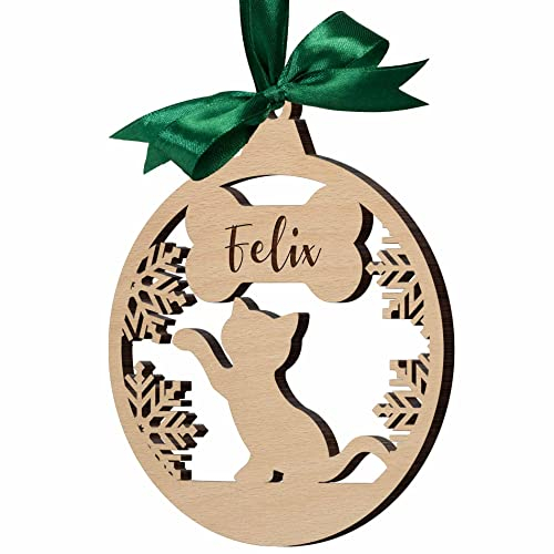 Katzen Weihnachtsschmuck personalisiert - Runder Holzanhänger aus Echtholz für den Christbaum - Weihnachtskugel Katze mit Namen - persönlicher Weihnachtsanhänger