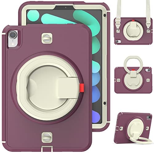 V-MOTA 8.3 Inch Flat Protect Compatible with New iPad Mini 6 (2021 Model), Rugged Heavy Duty Shockproof Rotatable Kickstand Bracelet Protective Cover (Beige+Deep Rose red)