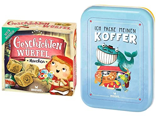 moses. 90147 Geschichtenwürfel Märchen, ab 6 Jahren & Verlag GmbH 90352 Ich packe Meinen Koffer | Der Spieleklassiker für Kinder ab 4 Jahren| Kinderbeschäftigung | Kartenset, Hellblau