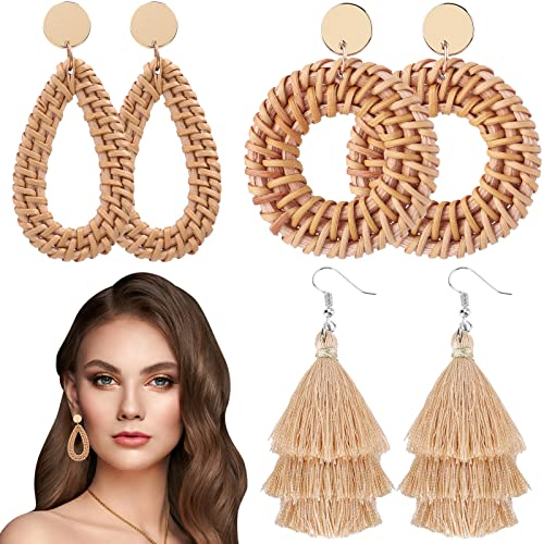 Molain 3 Paare Rattan Ohrringe für Frauen Sommer Boho Ohrringe Handmade Stroh Ohrringe Persönlichkeit Ohrringe Sommer Strand Ohrringe für Mädchen