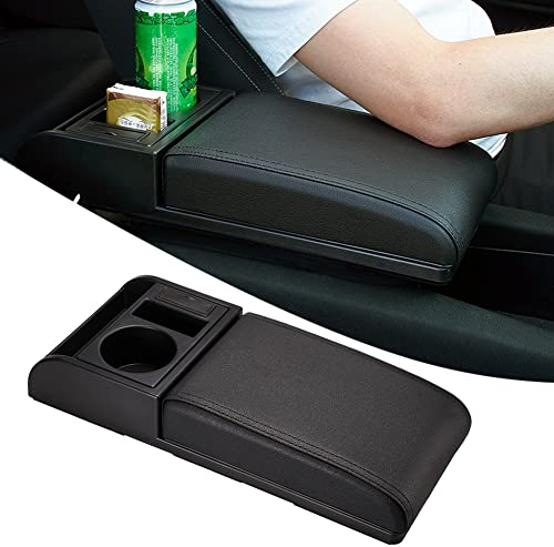 JSCARLIFE Waterproof Car Armrest Cover Cushion, Auto Center Console Armrest Pillow, Multifunction Armrest Cushion Pads with Cup Holder Storage Grid Fit for Most Car (Black)