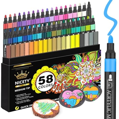 NICETY 58 Colours Acrylic Paint Pens - 3mm Medium Tip Paint Markers Rock Painting Pens for Stone Glass Wood Porcelain Ceramic Fabric - Water Based Acrylic Pens for Adults