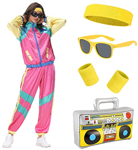 80er Jahre Outfit Herren Damen, Trainingsanzug 70er Jacke Hose Anzug, Kostüm Mit Stirnband Armbänder Brille Paare, Retro Style Jogginganzug Bad Taste Outfit Karneval (Rosa, S)