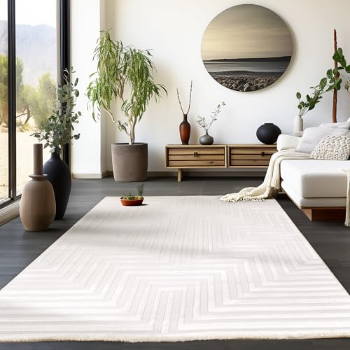 HomebyHome Kurzflor Teppich Wohnzimmer Creme 3D Skandinavisch Stil Modern Groß 280 x 370 cm - Waschbarer Schlafzimmer Küchenteppich Geometrisch Design Weicher Wohnzimmerteppich